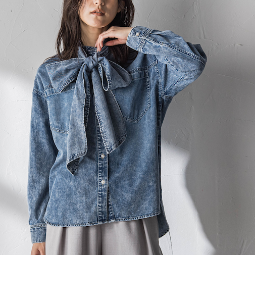 ボウタイ付きデニムシャツ≪洗濯機で洗える≫