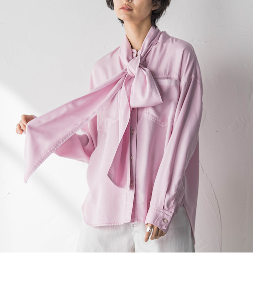 ボウタイ付きデニムシャツ≪洗濯機で洗える≫