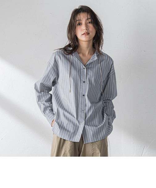 ストライプフーディオーバーシャツ≪手洗い可能≫