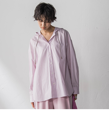 ストライプフーディオーバーシャツ≪手洗い可能≫