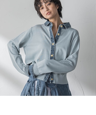 デニムレイヤード風ニットカーディガン