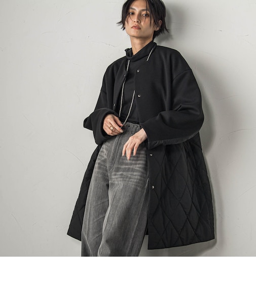 ダンボール×キルティングロングノーカラーブルゾン