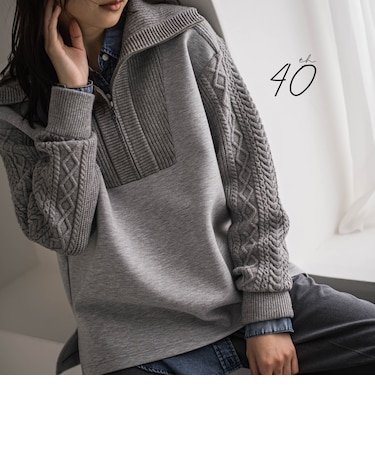 【40周年限定】ケーブルニットスリーブハーフZIPダンボールプルオーバー