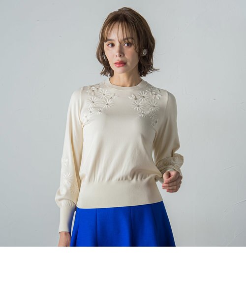 刺繍×ビジューニットプルオーバー≪手洗い可能≫｜ビアッジョブルーの