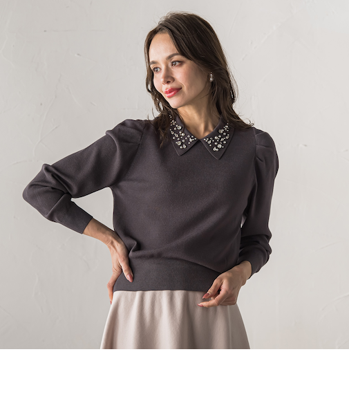 【新色追加】襟ビジューニット