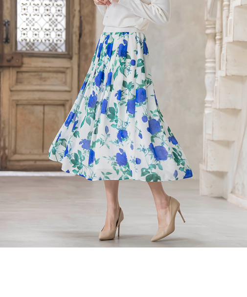 ブルーローズプリントスカート≪洗濯機で洗える≫