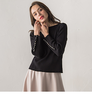 袖フリルパールリブニット