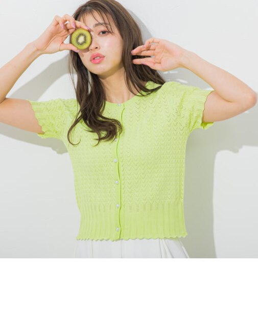 パールボタンアイレット半袖カーデ≪手洗い可能/接触冷感≫