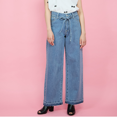 紐ベルト付デニムワイドパンツ≪手洗い可能≫
