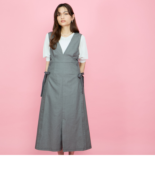 デニムライクリボンワンピース≪手洗い可能≫