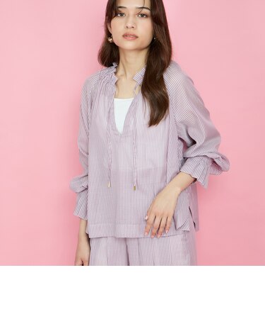 シアーコードストライプギャザーブラウス≪セットアップ対応/手洗い可能≫