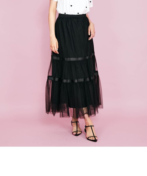 2WAYリボンティアードチュールスカート≪手洗い可能≫