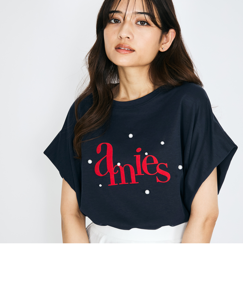【LHELBIE】パール付きロゴプリントTシャツ≪洗濯機で洗える≫ LHELBIE】パール付きロゴプリントTシャツ≪洗濯機で洗える