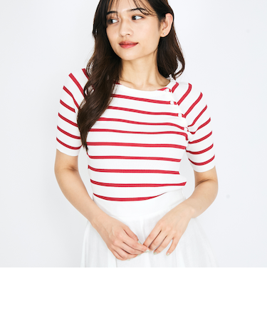 パール釦ボーダーリブニットトップス≪手洗い可能≫