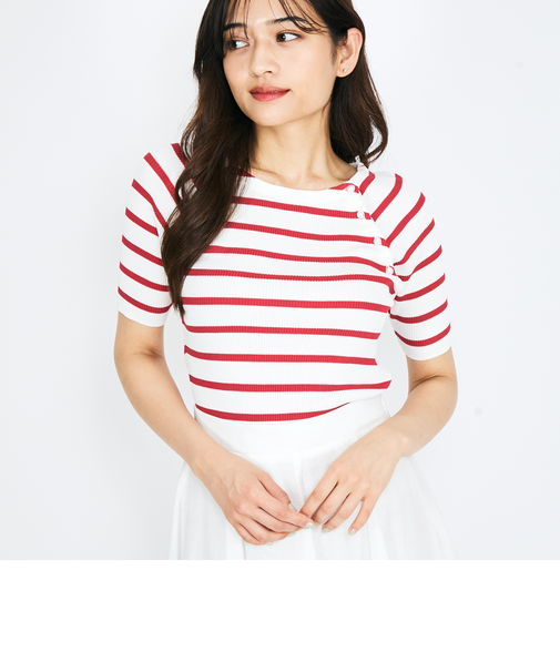 パール釦ボーダーリブニットトップス≪手洗い可能≫