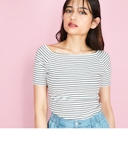 オフショルボーダーリブトップス≪手洗い可能≫