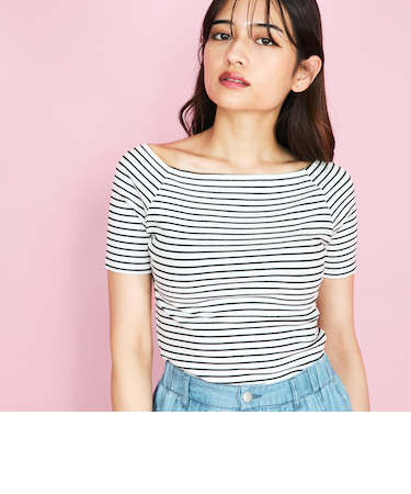 オフショルボーダーリブトップス≪手洗い可能≫