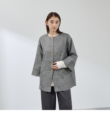 ツィード調ハウンドトゥースノーカラーコート≪手洗い可能≫