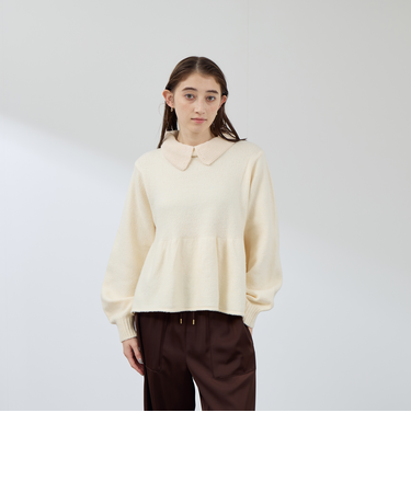 杢ストレッチ襟付きペプラムニット≪手洗い可能≫