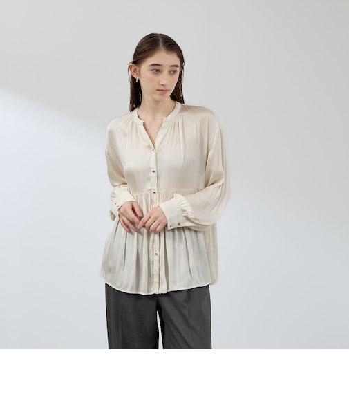 割繊サテンキーネックペプラムブラウス≪手洗い可能≫
