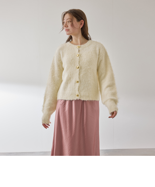 ソフトシャギー起毛メタルボタンカーディガン