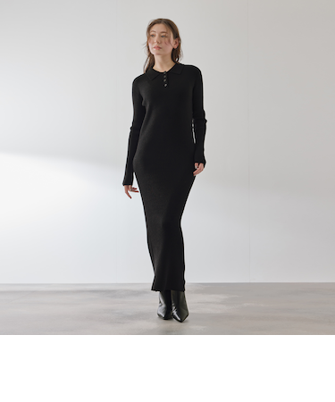 ポロカラーリブニットワンピース≪手洗い可能≫