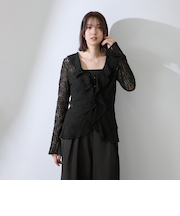 ストレッチレースラッフルカラートップス