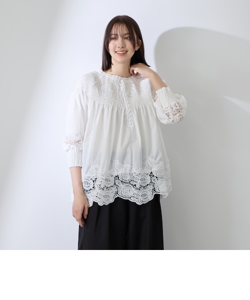 前後2WAYレースシャーリングブラウス