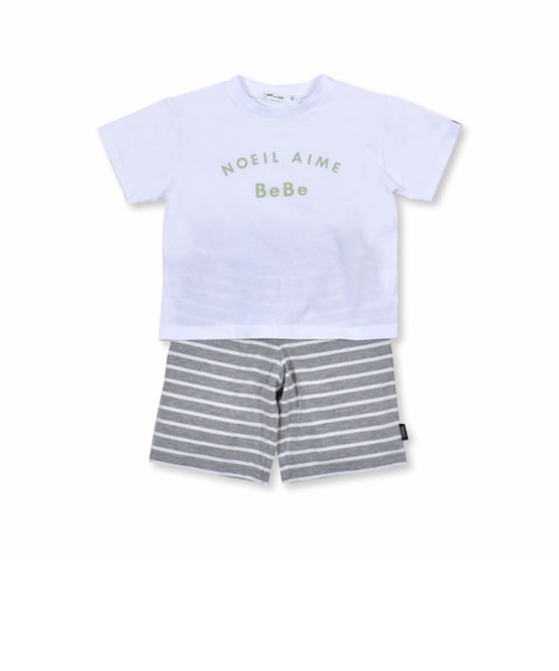 2点 セット ロゴ プリント Tシャツ + ボーダー パンツ (80~130cm)