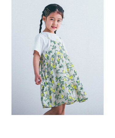 【 ママ想い 】 さわやか レモン柄 × 無地 ワンピース セット (80～130cm)