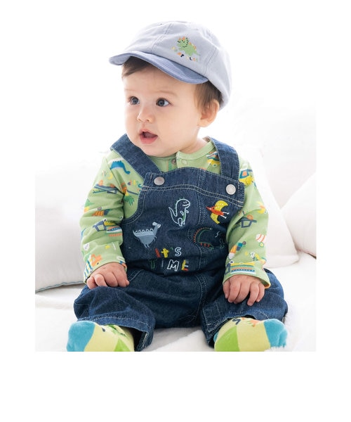 恐竜 刺繍 デニム ストライプ ツイル コットン サロペット