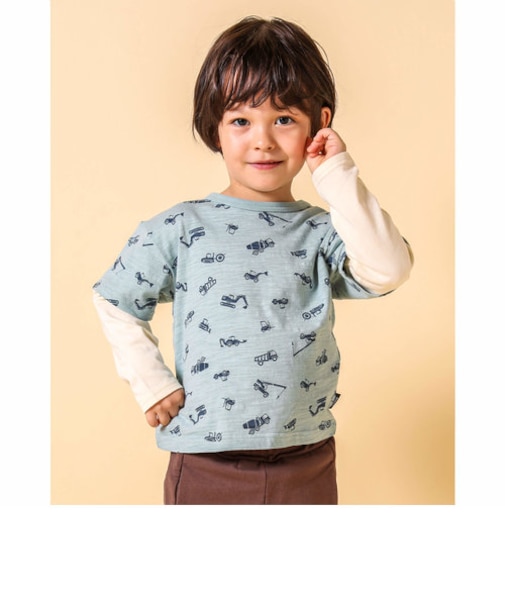 働く 車 重ね着風 総柄 天竺 Tシャツ　(80~130cm)