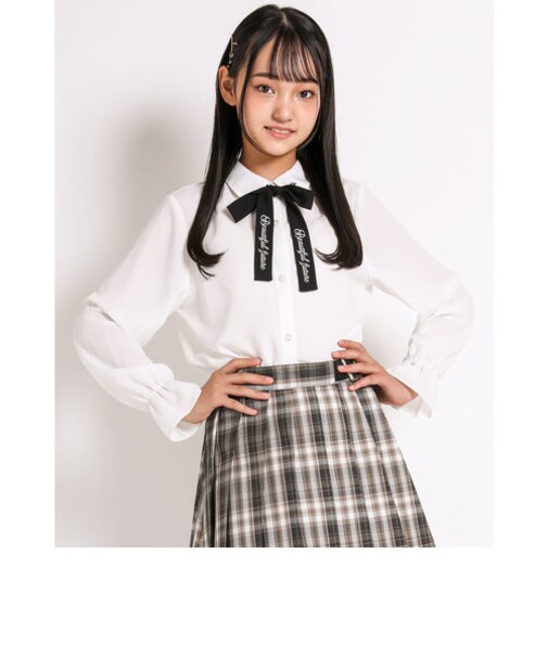 【 ニコ☆プチ 掲載 】キャンディ スリーブ 襟 刺繍 プリント リボン 付き デシン ブラウス (130~160cm)