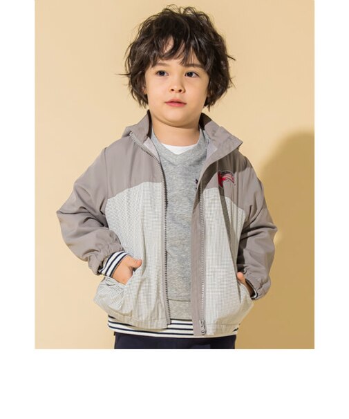 【 撥水加工 】 フード 取り外し 配色 チェック 切り替え タフタ ジャケット (90~130cm)