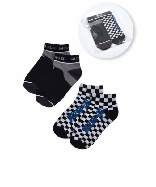 チェック ＋ 配色 ２P ショート ソックス (15~24cm)