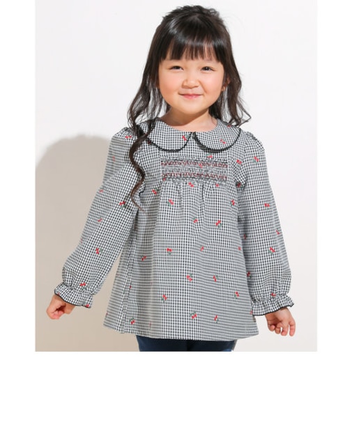 【 お揃い 】 チェリー 柄 ギンガム チェック 丸 襟 チュニック (80~130cm)