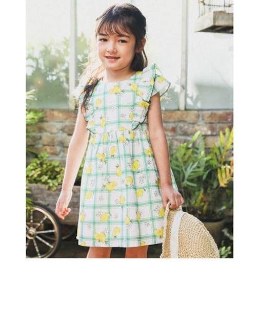 【お揃い】コットンチェックシトロンプリントワンピース(90~140cm)
