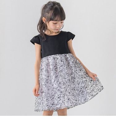 日本製ポンチ花柄フロッキー切替ワンピース(100~150cm)