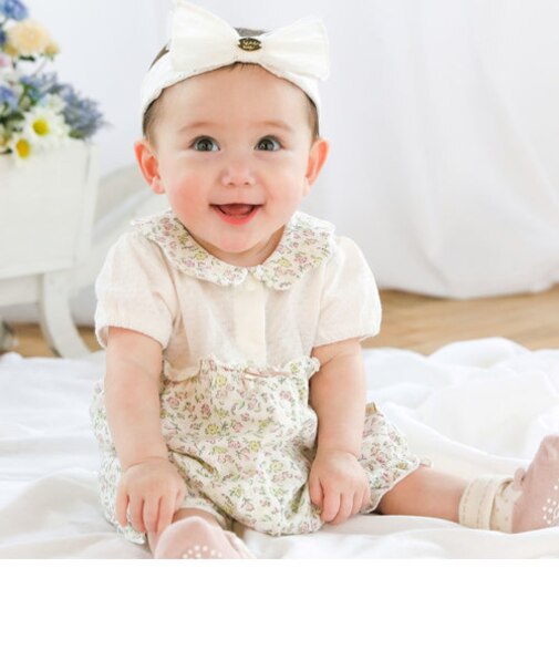 【お揃い】襟付花柄切り替え半袖ロンパースベビー(60~80cm)