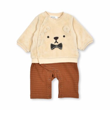 【お揃い】アニマルクマフェイス刺しゅうチェック柄パンツドッキングロンパースベビー(70~80cm)