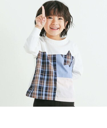 星ポケット配色チェック柄切り替え長袖Tシャツ(80~130cm)