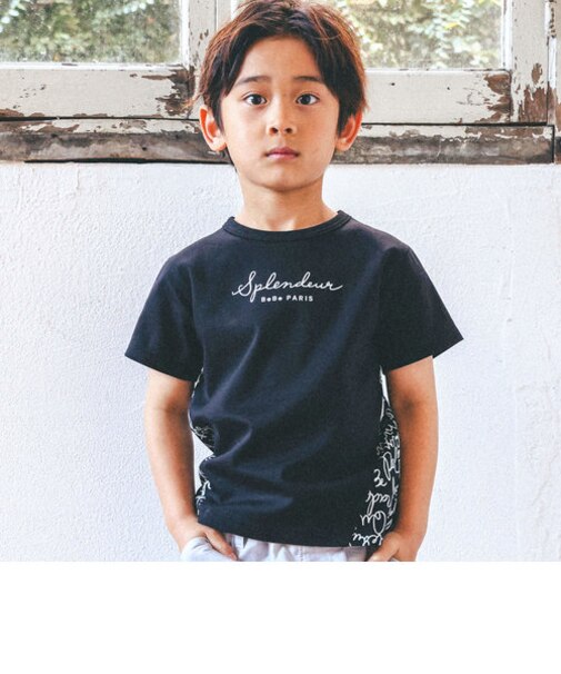 【お揃い】手書き風ロゴ総柄切り替えポンチTシャツ(80~150cm)