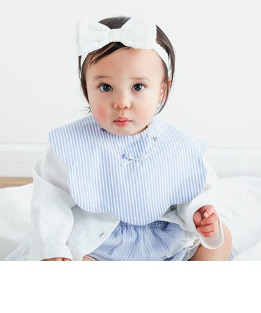 【お揃い】バックリボン付きストライプレーススカラップ縁スタイベビー