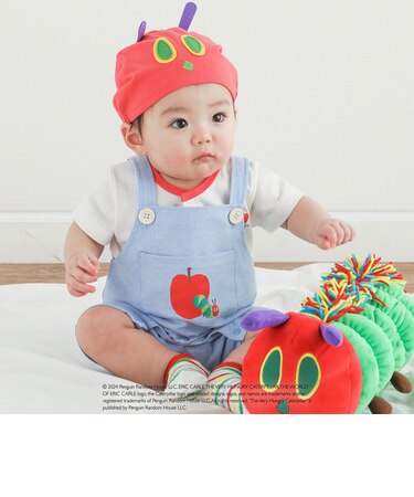 【絵本コラボ-はらぺこあおむし-】フロントポケット付サロペット+あおむしフェイス帽子セットベビー(70~80cm)