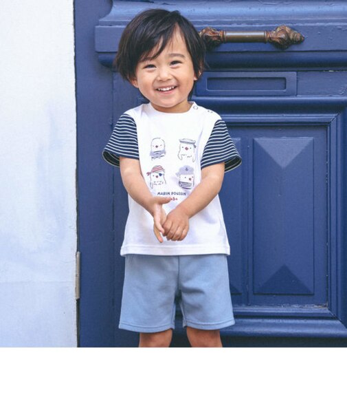 ひよこ水兵プリント切り替えTシャツ+パンツセット(80~90cm)
