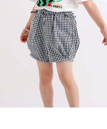 【お揃い】サッカーデニムチェック柄ひまわりプリント裾タックショートパンツ(90~130cm)