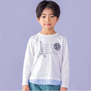 エッフェル塔レタープリントレイヤード風長袖Tシャツ(90~150cm)