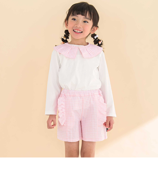 【お揃い】ギンガムチェック付け襟Tシャツ+パンツセット(80~130cm)