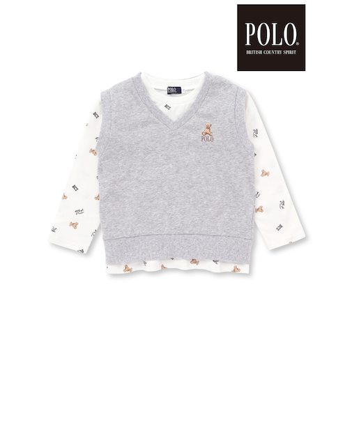 【POLO BCS(ポロ・ビーシーエス)×SLAP SLIPコラボ】【お揃い】POLO総柄プリントTシャツ+クマさん刺しゅうベスト2点セット(80~130cm)
