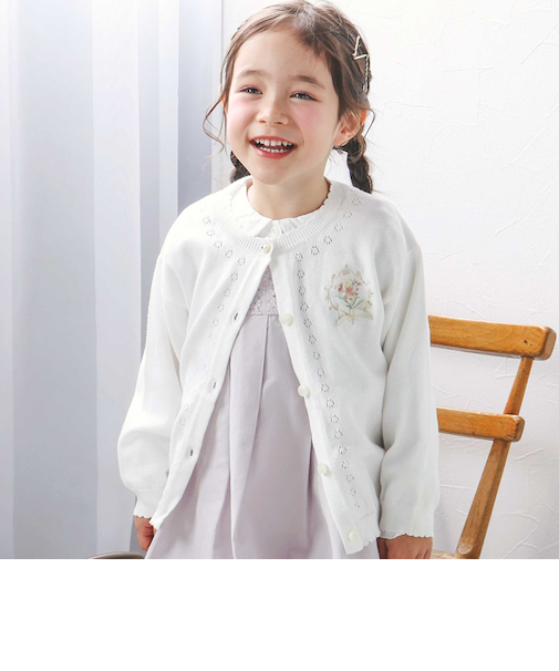 お花ボタンリボン付き刺しゅう裾袖スカラップニットカーディガン(90~130cm)